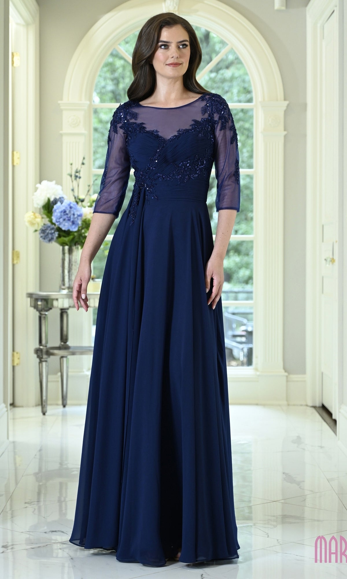 Modest Formal Dress: Marsoni M357 in navy chiffon, featuring a sheer illusion neckline, three-quarter sleeves, and beaded lace embellishments on the bodice.