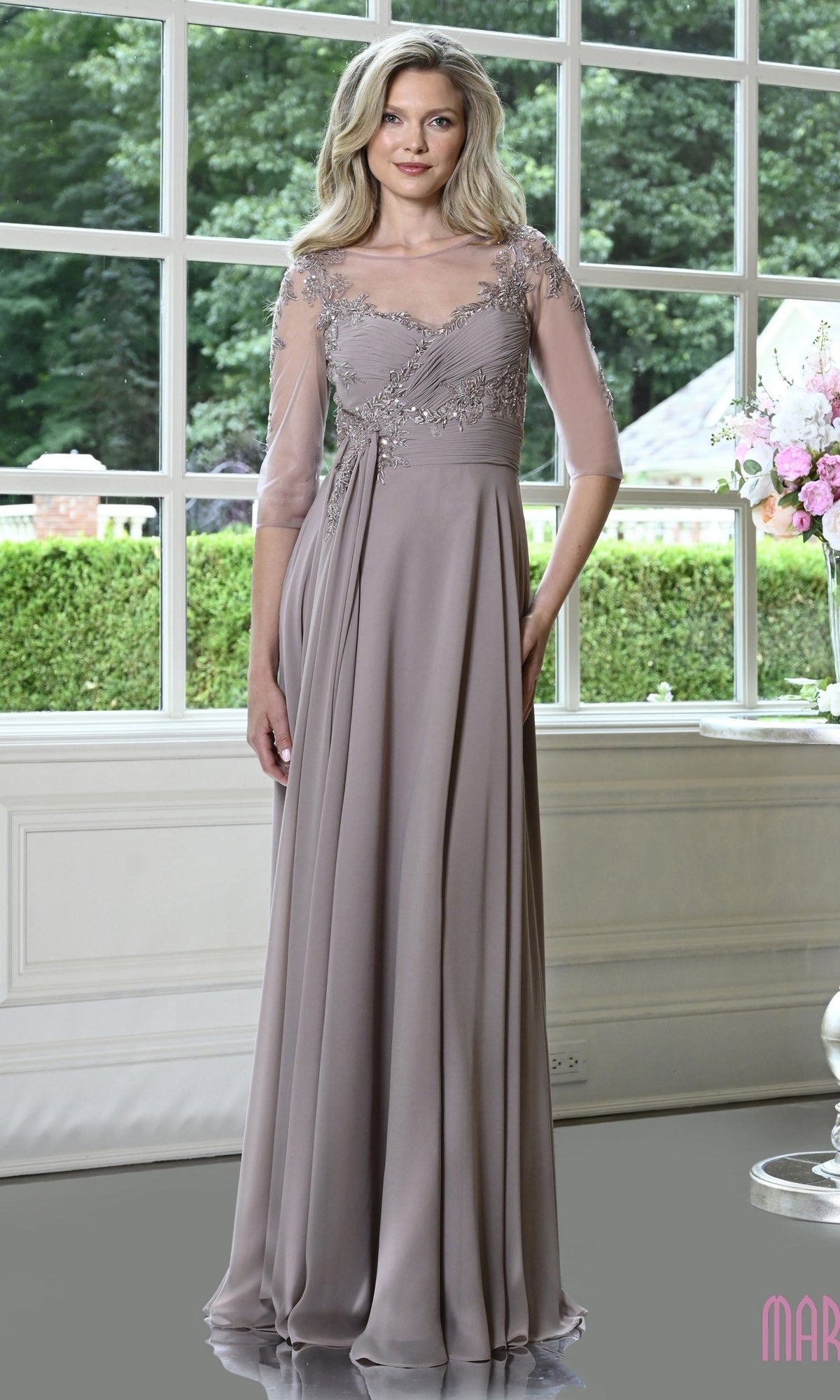Modest Formal Dress: Marsoni M357 in taupe chiffon with three-quarter length sheer sleeves, an illusion neckline, and beaded lace embroidery on the bodice.