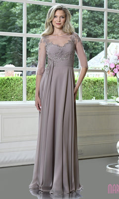 Modest Formal Dress: Marsoni M357 in taupe chiffon with three-quarter length sheer sleeves, an illusion neckline, and beaded lace embroidery on the bodice.