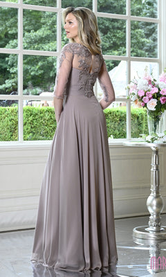 A woman wears a mauve, floor-length chiffon Modest Formal Dress: Marsoni M357 with sheer, embroidered three-quarter sleeves and a high neckline.