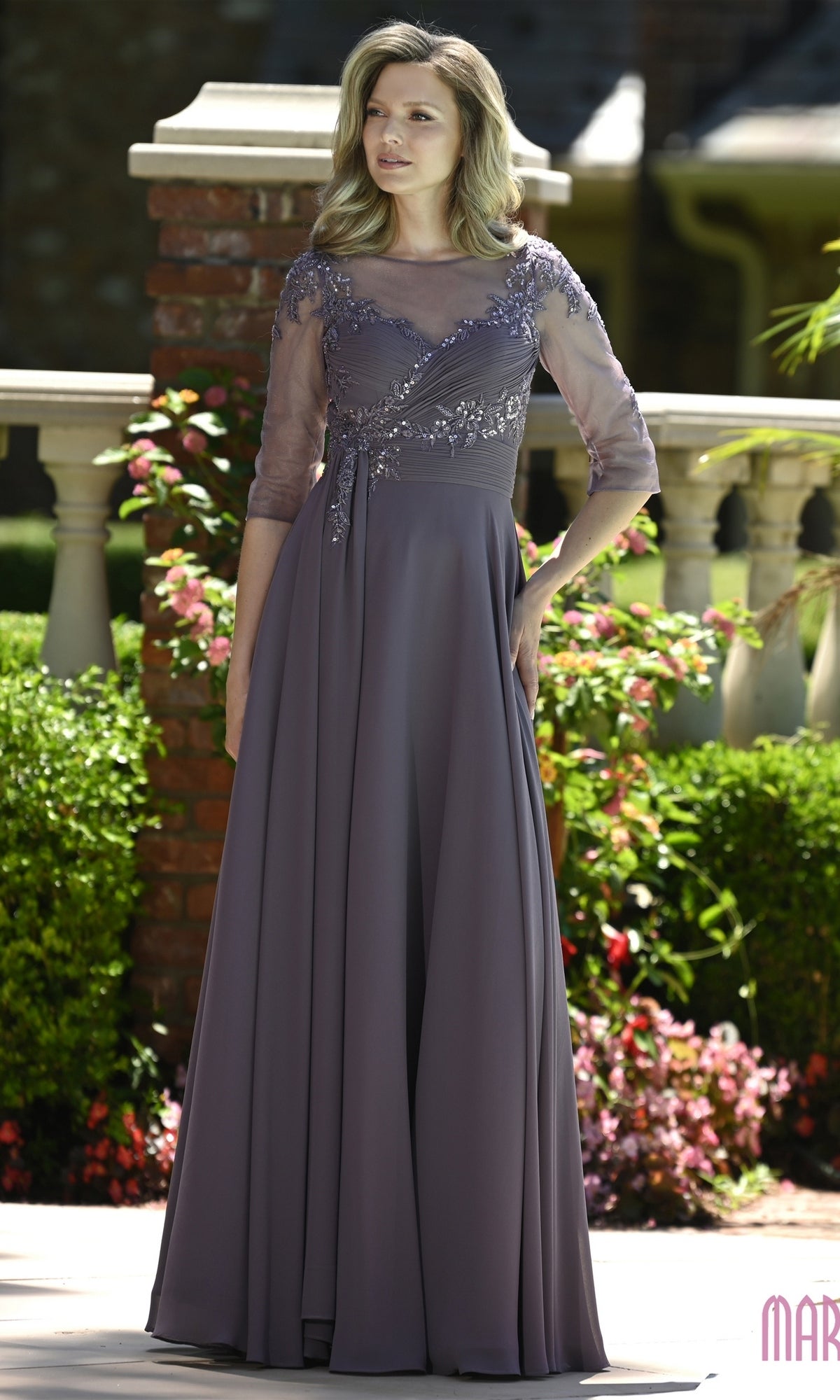 Modest Formal Dress: Marsoni M357 in Victorian Lilac, a long chiffon formal dress with a beaded bodice and shoulders and sheer three-quarter sleeves.