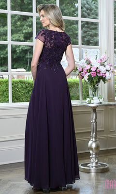 A woman seen from behind wearing the Modest Long Formal Dress: Marsoni M360, a dark purple A-line evening gown with a sheer, beaded bodice and cap sleeves.