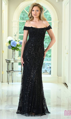 A model wears a Long Formal Dress: Marsoni M362, an off-the-shoulder, floor-length black evening gown covered in intricate sequins.