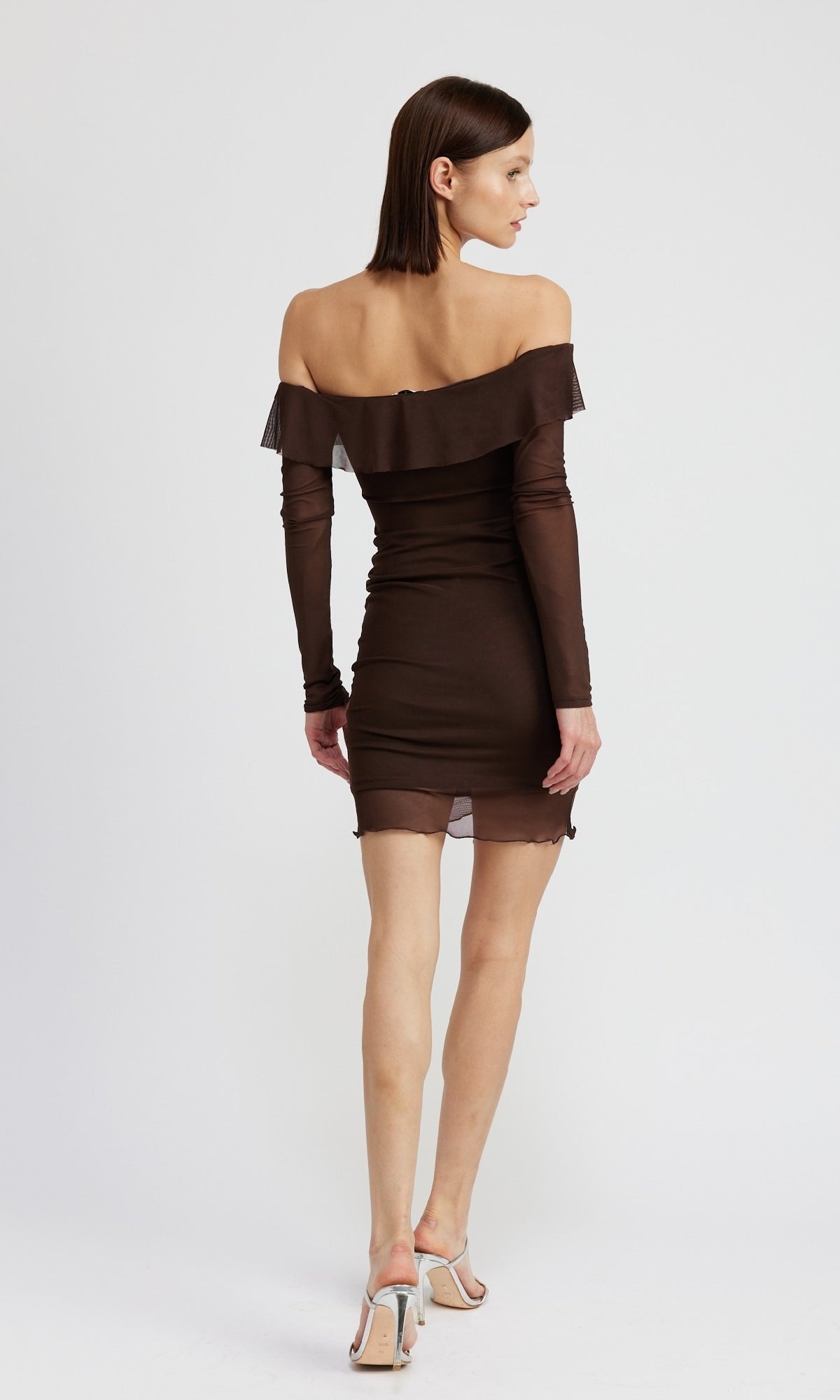 Off-Shoulder Long Sleeve Short Brown Party Dress Chocolate / Medium Off-Shoulder Long Sleeve Short Brown Party Dress Chocolate / Medium