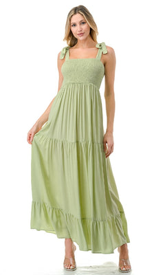 A-Line Long Casual Maxi Dress with Shoulder Ties Green / Small A-Line Long Casual Maxi Dress with Shoulder Ties Green / Small