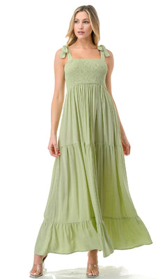 green maxi dress casual A-Line Long Casual Maxi Dress with Shoulder Ties Black / Medium