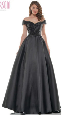 A woman in the Marsoni MV1008 long formal dress—a black, off-the-shoulder, floor-length ball gown with a fitted bodice, flared skirt, and an elegant silhouette.