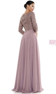 A woman stands with her back turned, hair in a low bun, wearing the Marsoni MV1052—a long mauve formal dress featuring modest lace and beaded detailing on the fitted sleeves.