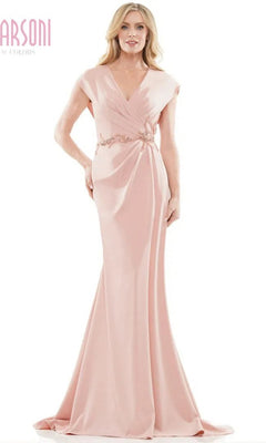 A woman stands against a white background wearing the Marsoni MV1226 long formal dress in mauve, featuring cap sleeves, a V-neckline, and decorative waist detail.
