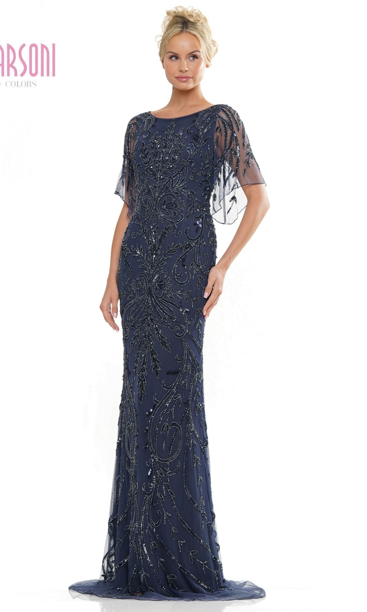 Marsoni MV1261 floor-length navy blue beaded mother of the bride dress featuring cap sleeves and elaborate dark floral embroidery.