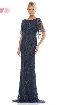 Marsoni MV1261 floor-length navy blue beaded mother of the bride dress featuring cap sleeves and elaborate dark floral embroidery.