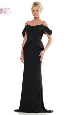 A woman wears the Marsoni MV1271 long formal dress in black, featuring stretch crepe fabric, off-the-shoulder sleeves, thin straps, and a fitted bodice.