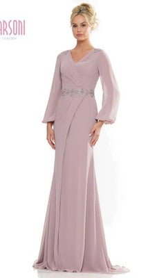 A woman in a mauve Marsoni MV1273 long formal dress with a flattering v-neckline.