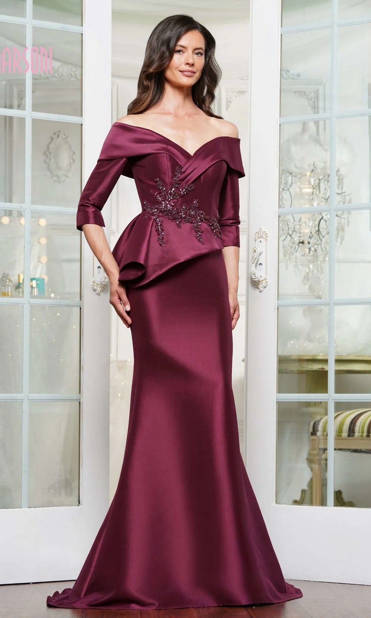 Long Peplum Formal Dress with Three-Quarter Sleeves – PromGirl
