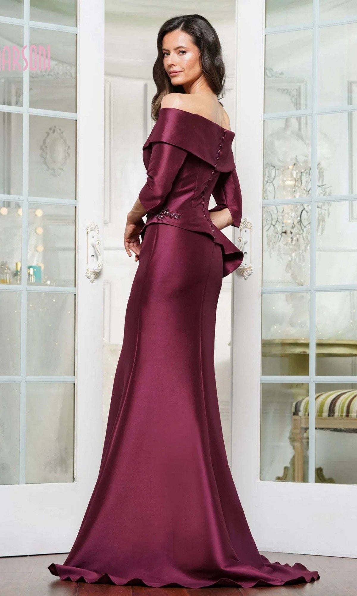Long Peplum Formal Dress with Three-Quarter Sleeves Navy / 16 Long Peplum Formal Dress with Three-Quarter Sleeves Navy / 16