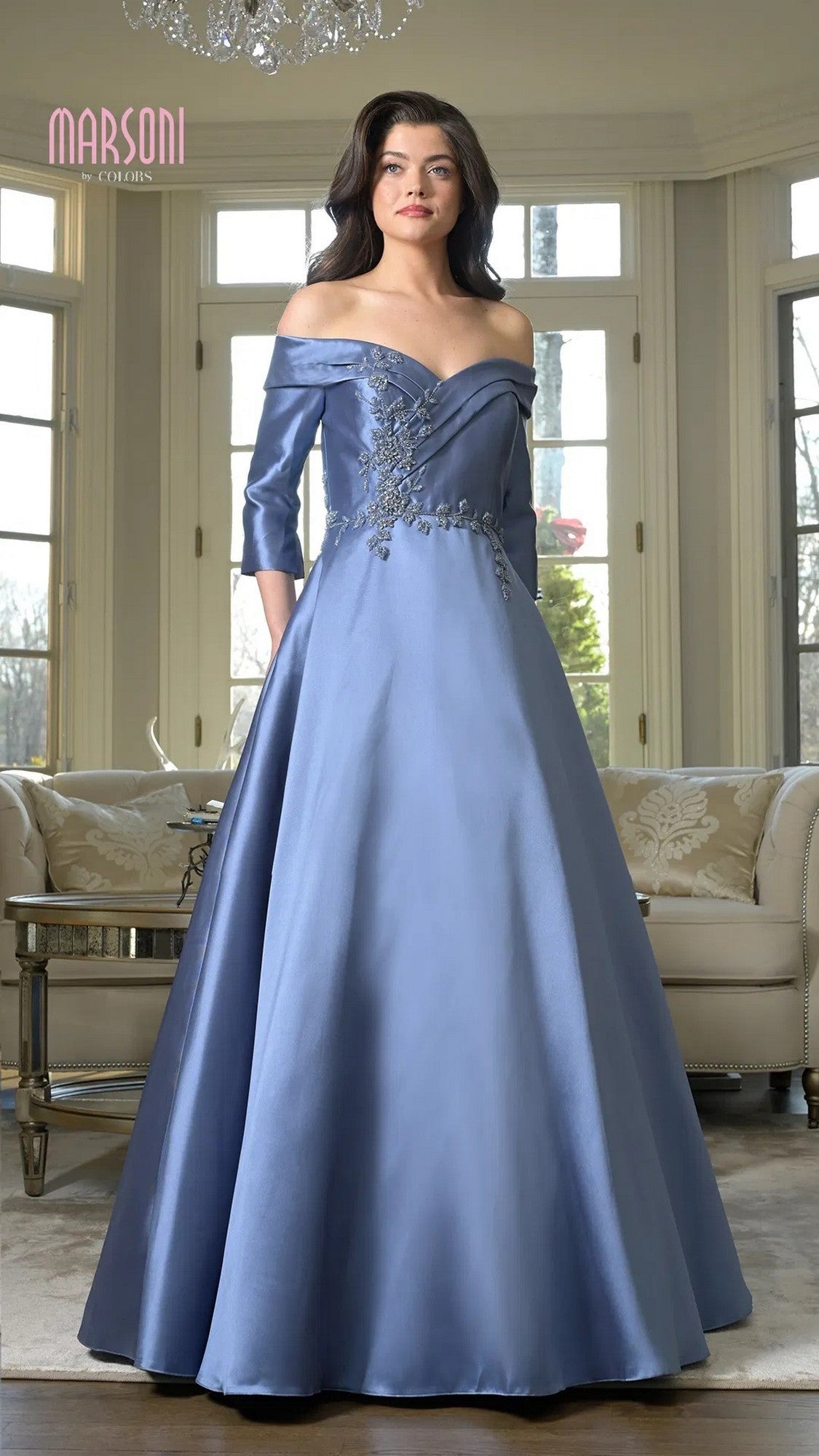 Off-Shoulder Long Formal Dress with Long Sleeves Slate Blue / 14