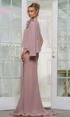 A woman in the Marsoni MV1347 long formal dress—mauve chiffon with an asymmetrical cape—stands before white double doors, glancing over her shoulder.