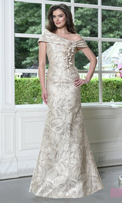 A champagne-colored Marsoni MV1422 floor-length evening gown featuring an off-the-shoulder neckline, bodice embellishments, and an overall metallic floral leaf pattern.