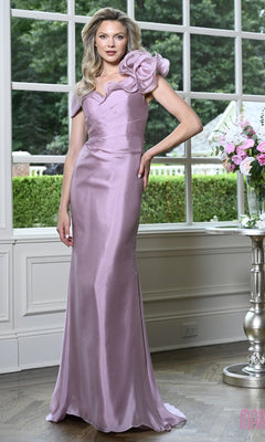 Long Formal Dress: Marsoni MV1425, a floor-length, mauve ruffle evening gown with a sweetheart neckline and a large floral accent on the left shoulder.
