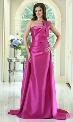 A fuchsia Marsoni MV1431 one-shoulder formal gown with a bow detail on the bodice.