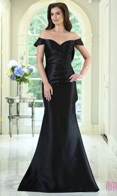 A woman wearing a black Marsoni MV1434 floor-length off-the-shoulder evening gown with a sweetheart neckline and draped waist detail.
