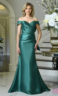 Woman wearing a floor-length, emerald green Marsoni MV1434 off-the-shoulder evening gown with a sweetheart neckline and draped bodice.