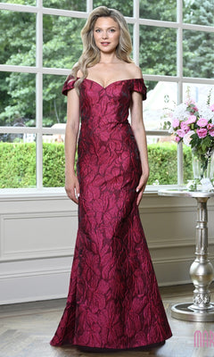 A woman wears a floor-length, off-the-shoulder maroon Long Formal Dress: Marsoni MV1440 in a textured floral jacquard fabric.