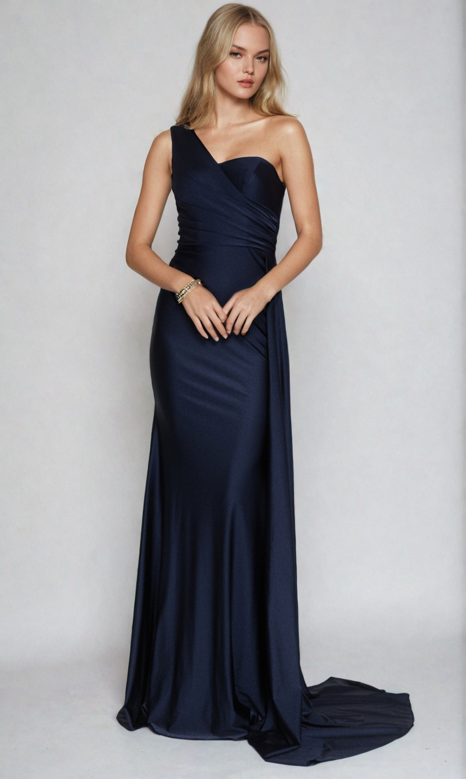 A woman in a floor-length, navy blue Side-Cape One-Shoulder Long Prom Dress 387 stands against a plain light background, channeling an old Hollywood style.