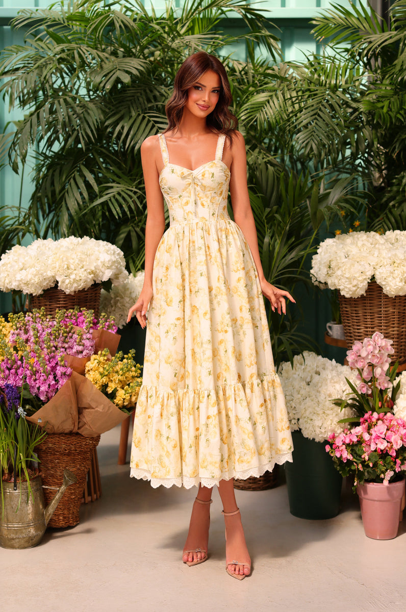 yellow floral cotton dress Buttercream Midi with Pockets Buttercream Floral Print / Large Creator of self 1120 Color:True Black Petal & Pup Women's Floral maxi dress