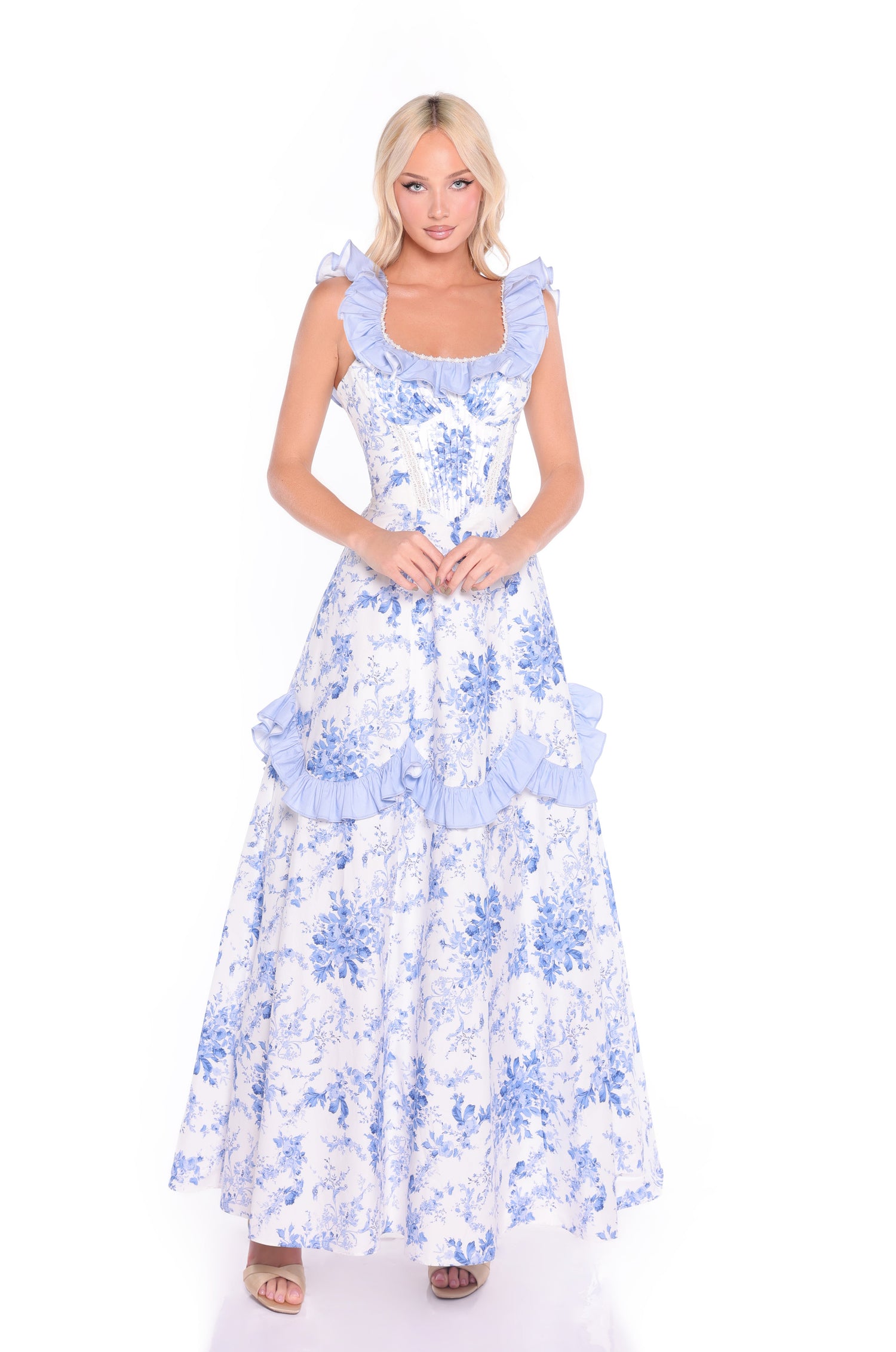 Long Blue Floral Summer Maxi Dress with Ruffles Blue Floral / XSmall Long Blue Floral Summer Maxi Dress with Ruffles Blue Floral / XSmall