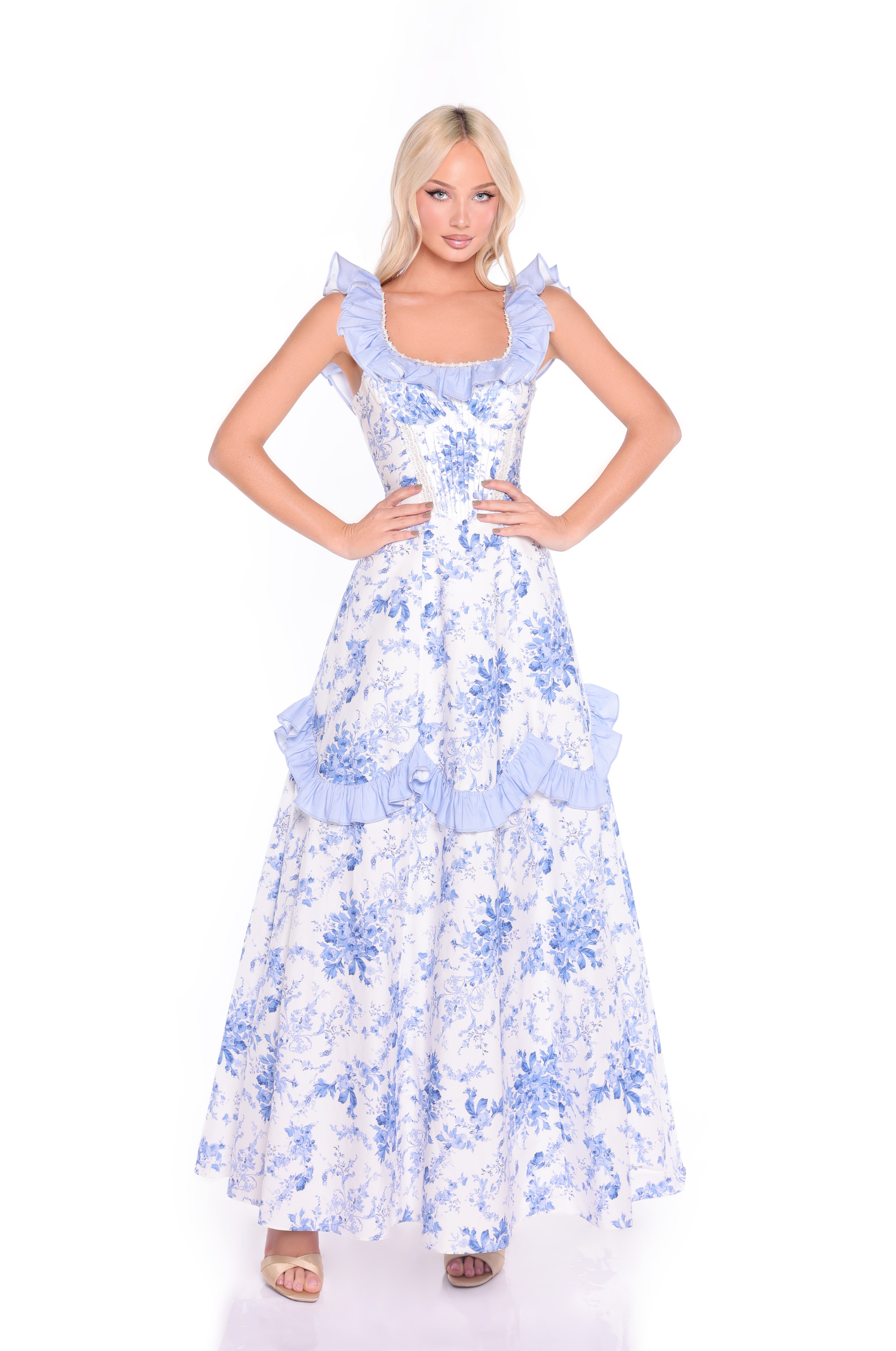 Long Blue Floral Summer Maxi Dress with Ruffles– PromGirl