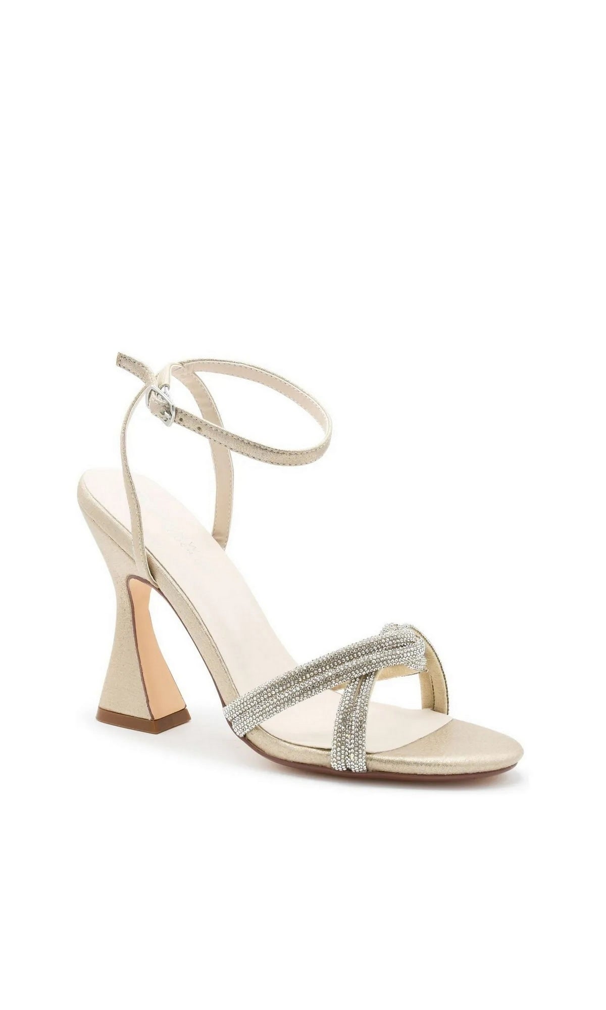 Miche Champagne Prom Shoes: Touch Ups 4732 in champagne, featuring an ankle strap and rhinestone knot detailing on the crisscross toe straps.