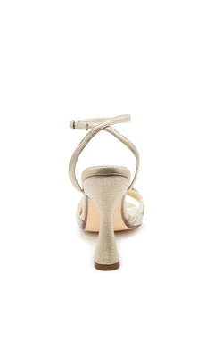Miche Champagne Prom Shoes: Touch Ups 4732 in a champagne color, featuring a rhinestone knot, an ankle strap, and a flared heel.