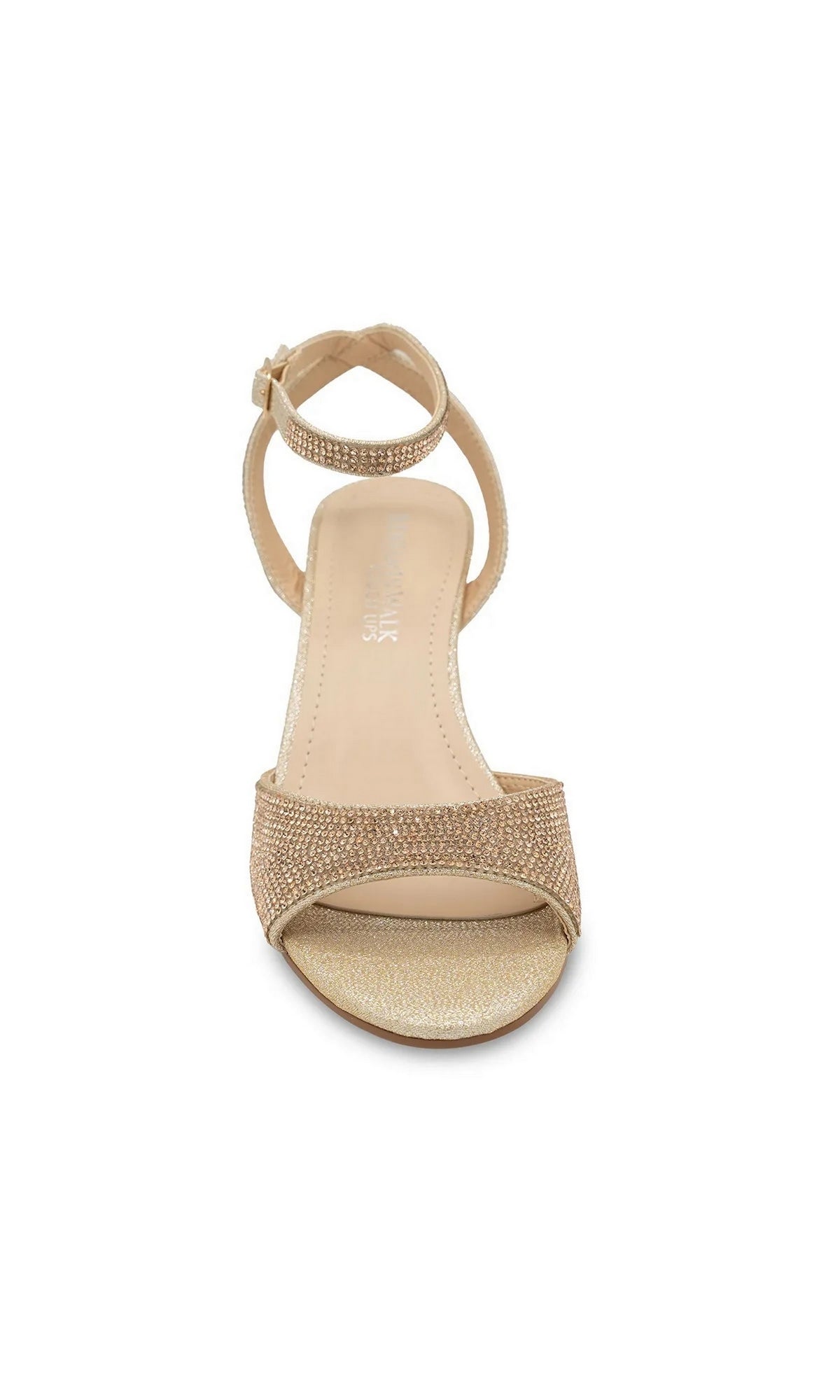 Moxie Champagne Wedge Prom Shoes: Touch Ups 4692 in a champagne color with rhinestone embellishments on the toe and ankle straps.