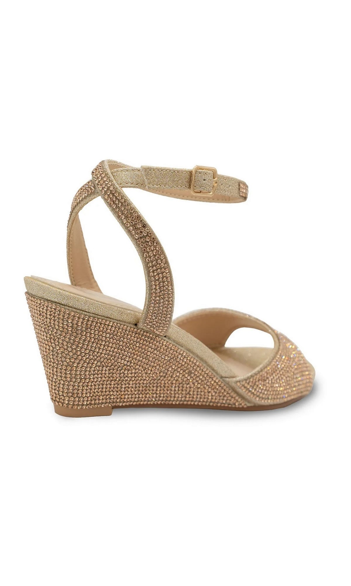 Moxie Champagne Wedge Prom Shoes: Touch Ups 4692 featuring a champagne-colored wedge, rhinestone embellishment, and an ankle strap.