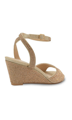 Moxie Champagne Wedge Prom Shoes: Touch Ups 4692 featuring a champagne-colored wedge, rhinestone embellishment, and an ankle strap.