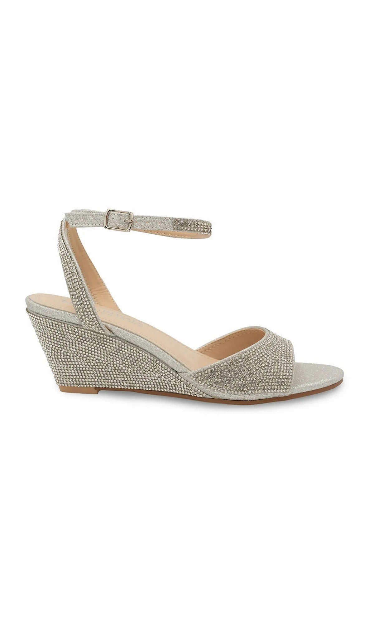 Moxie Silver Wedge Prom Shoes: Touch Ups 4691 silver glitter wedge heels with an ankle strap and rhinestone embellishments on the heel and toe band.