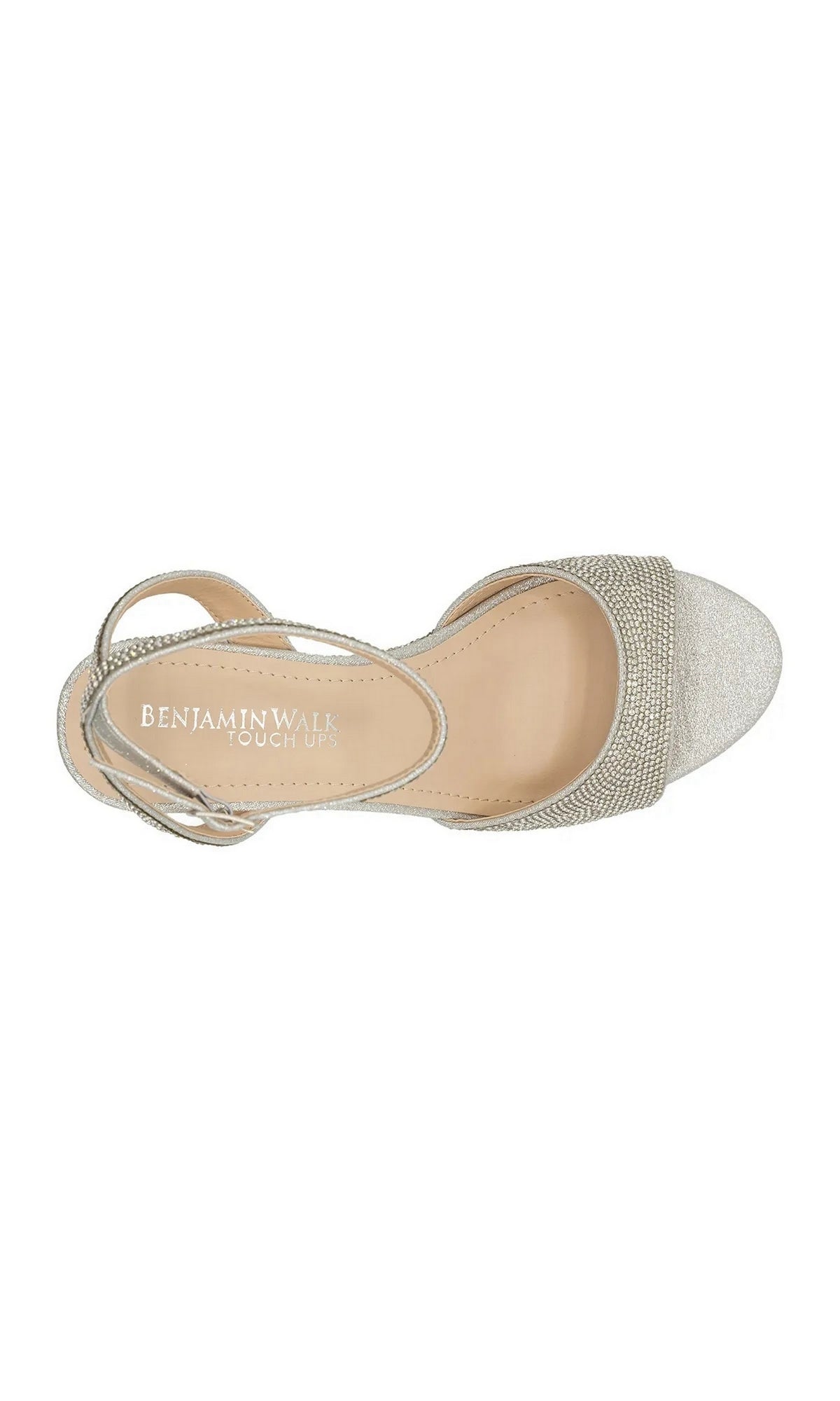 Top-down view of Moxie Silver Wedge Prom Shoes: Touch Ups 4691, a silver glitter wedge sandal featuring an ankle strap.