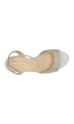 Top-down view of Moxie Silver Wedge Prom Shoes: Touch Ups 4691, a silver glitter wedge sandal featuring an ankle strap.