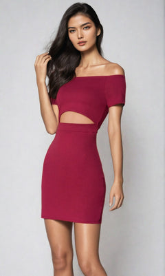 A woman models the Off-the-Shoulder Short Cut-Out Party Dress 3076—a fitted maroon dress with short sleeves and a midriff cutout—while standing against a plain light gray background.