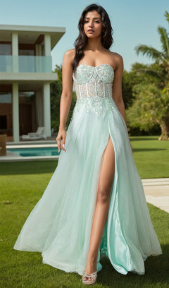 Puff-Sleeve Strapless Sweetheart Long A-Line Prom Dress Mint / Medium Puff-Sleeve Strapless Sweetheart Long A-Line Prom Dress Mint / Medium