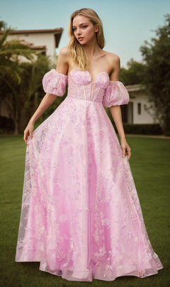 Outdoors on grass, a woman wears the Puff-Sleeve Strapless Long Glitter Prom Dress 2404—a floor-length, light pink gown with puffed sleeves and floral details.