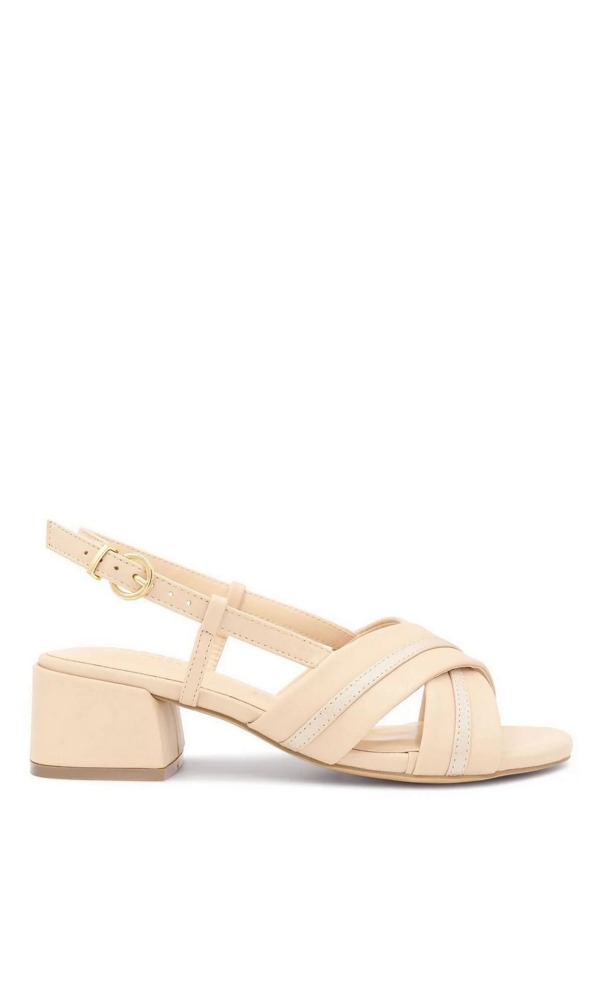 Nancy Nude Prom Shoes: Paradox London P2502 nude shimmer slingback sandal with a low block heel and crisscross straps.