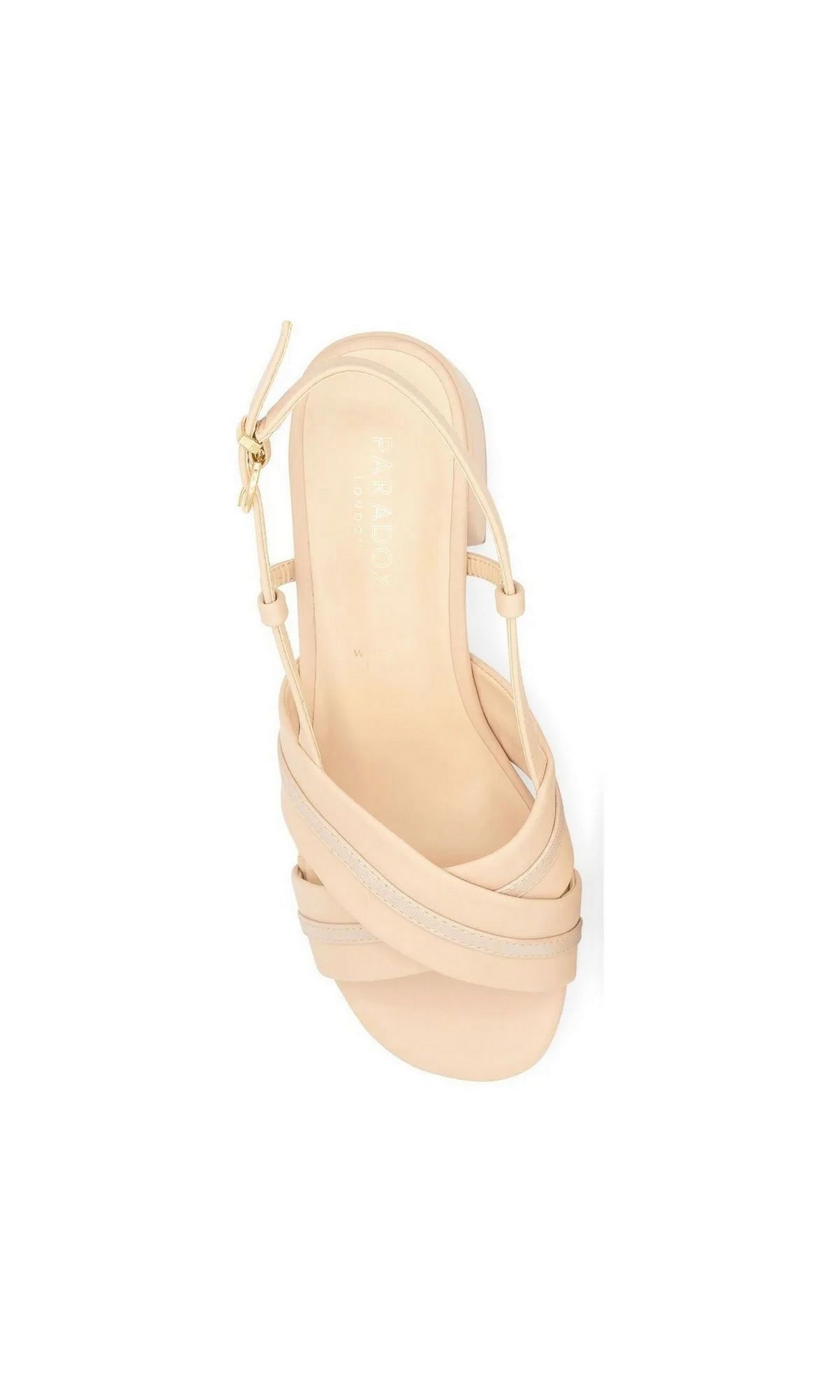 Nancy Nude Prom Shoes: Paradox London P2502, a nude shimmer sandal with a low block heel, crossover straps, and an adjustable slingback buckle.