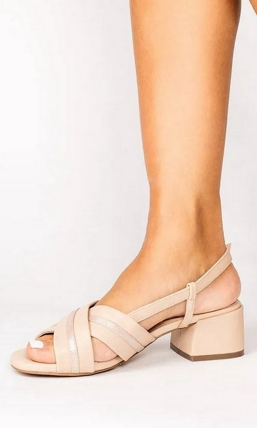 Nancy Nude Prom Shoes: Paradox London P2502 nude shimmer slingback sandal with a low block heel and crisscross straps across the top.