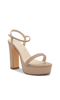 Natalia Nude Platform Prom Shoes: Touch Ups 4705, a nude platform sandal with a high block heel and an ankle strap.