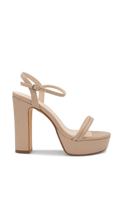 Natalia Nude Platform Prom Shoes: Touch Ups 4705, a nude patent block heel platform sandal with an ankle strap.