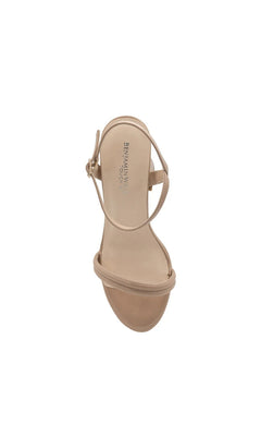 Top-down view of Natalia Nude Platform Prom Shoes: Touch Ups 4705, a nude patent block heel platform sandal with a slim ankle strap and buckle closure.