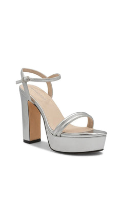 Natalia Silver Platform Prom Shoes: Touch Ups 4707, a silver platform sandal with an ankle strap and high metallic block heel.