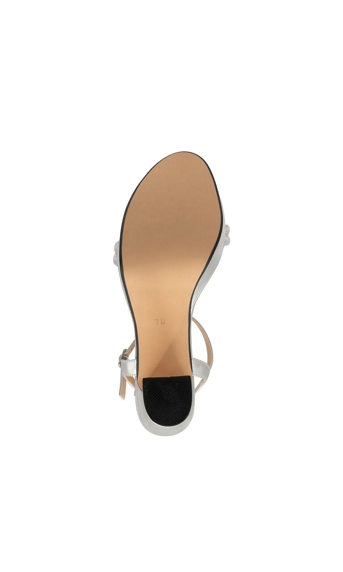 Bottom view of Natalia Silver Platform Prom Shoes: Touch Ups 4707, featuring a metallic finish, a sturdy block heel, and an ankle strap.